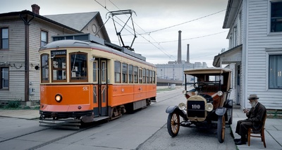 Исторический трамвай. Детройт, великая депрессия, старые дома, ford T