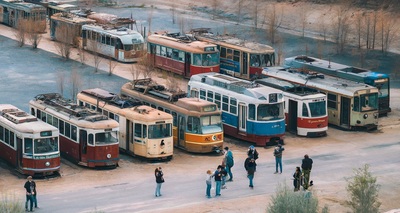 Выставка старых травмаев на дне высохшего озера  